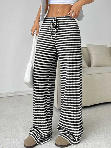 1751344 Elasticated Waist High Waisted Contrast Color Drawstring Split-Joint Striped Pants