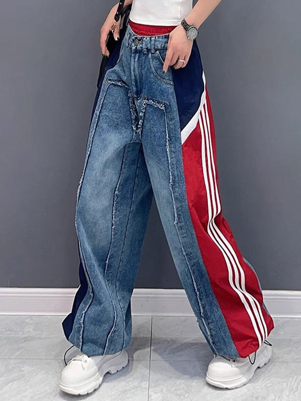 Loose Wide Leg Contrast Color Drawstring Fringed Pockets Jean Pants Bottoms