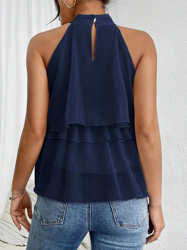 1780295 Sleeveless Hollow Ruffle Trim Solid Color Split-Joint Halter-Neck Tank Top