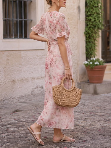 1788038 Tied Waist Split-Joint Ruffled Flower Print Contrast Color Short Sleeves Loose Deep V-Neck Maxi Dresses