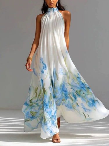 1785436 Loose Sleeveless Flower Print Pleated Pockets Halter-Neck Maxi Dresses