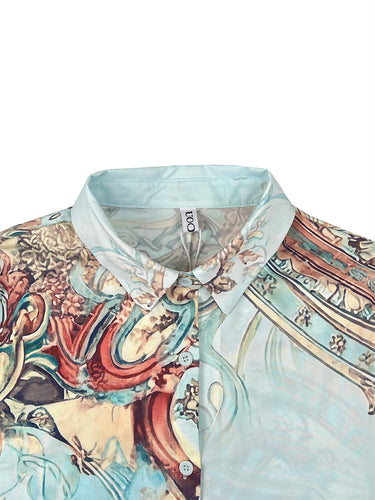 Abito lungo a camicia con risvolto stampato a contrasto con bottoni larghi a maniche lunghe