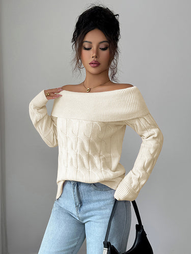 1724621 Long Sleeves Solid Color Split-Joint Off-The-Shoulder Pullovers Sweater Tops