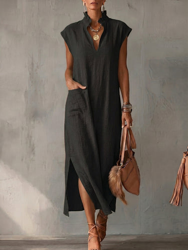 1781506 Loose Sleeveless Pockets Ruffle Trim Solid Color Split-Side Stand Collar Midi Dresses