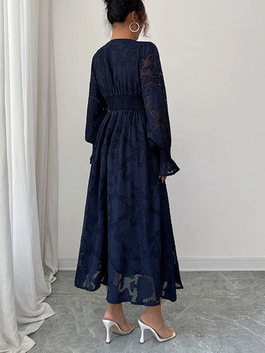 1731554 A-Line Elasticated Waist Jacquard Leaves Print Ruffled Solid Color Split-Joint Deep V-Neck Midi Dresses