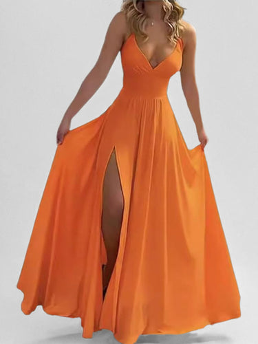 1751247 Moulante Taille Haute Plissée Couleur Unie Joint Fendu Côté Fendu Col Spaghetti Robes Maxi