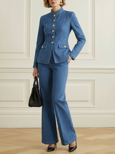 1729586 High Waisted Pockets Solid Color Jean Pants Bottoms