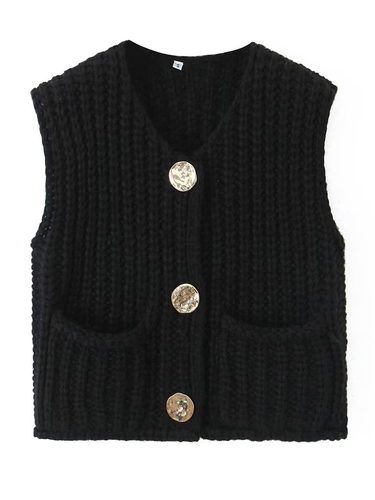 1783575 Sleeveless Buttoned Pockets Solid Color Cardigan Tops Knit Top