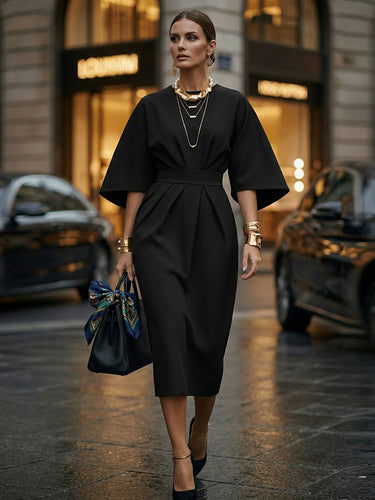 black dress with batwing sleeves Beatrice Bat Wing Sleeve Satin Dress in Black