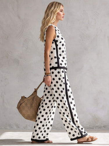 1787585 Loose Wide Leg Contrast Color Pockets Polka Dot Striped Pants Trousers