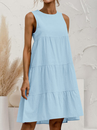 1773593 A-Line Loose Pleated Solid Color Tiered Round-Neck Mini Dresses