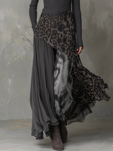 1780796 High Waisted Long Sleeves Leopard Printed Split-Joint Round-Neck Maxi Dresses