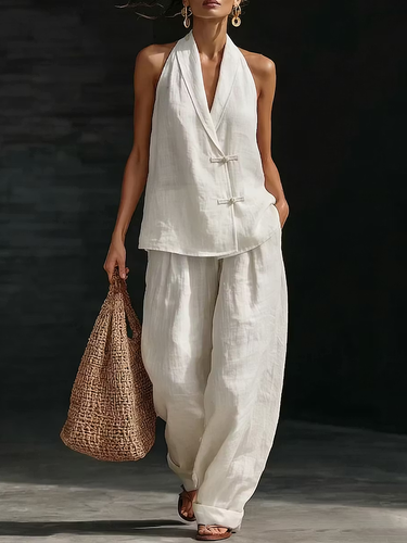 1786122 Loose Sleeveless Buttoned Solid Color V-Neck Vest Top