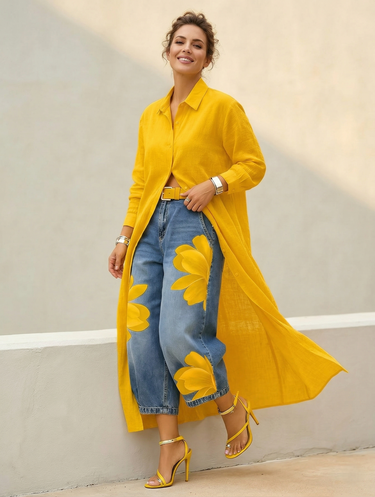 Loose Wide Leg Flower Print No Belt Pockets Jean Pants Bottoms Ninth Pants