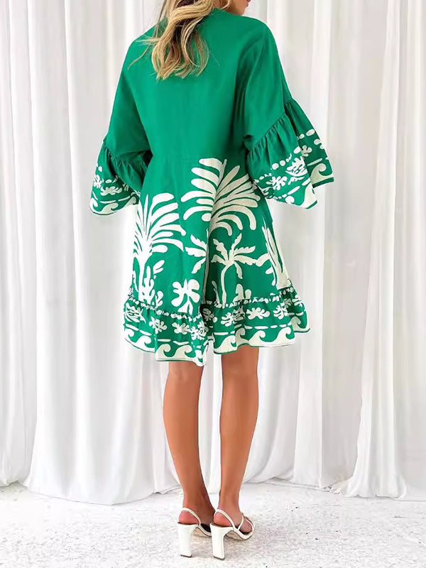 A-Line Long Sleeves Flower Print Split-Joint Mock Neck Midi Dresses main image 0
