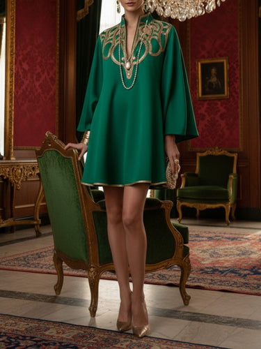 1755331 A-Line Long Sleeves Contrast Color Printed Split-Joint Stand Collar Mini Dresses