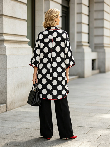 1788902 Split-front Split-Joint Polka Dot Contrast Color Three-quarter Sleeves Loose V-neck Blouses&shirts Tops