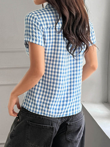 1744580 Short Sleeves Skinny Buttoned Contrast Color Plaid Split-Joint Lapel Blouses&Shirts Tops