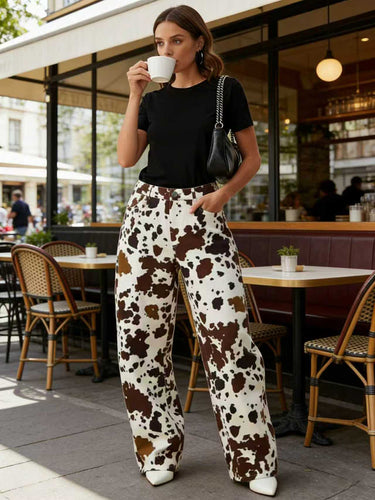 Elasticated Waist High Waisted Contrast Color Cow Printed Split-Joint Pants