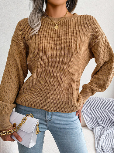 1713759 Long Sleeves Loose Cable Knit Solid Color Round-Neck Sweater Tops