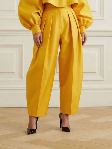 High-Low Loose Pleated Pockets Solid Color Pants Trousers