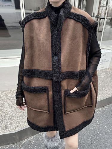 1720716 Loose Sleeveless Buttoned Pockets Split-Joint Stand Collar Vest Outerwear