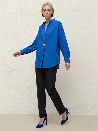1735347 Long Sleeves Loose Buttoned Contrast Color Split-Joint Stand Collar Blouses&Shirts Tops