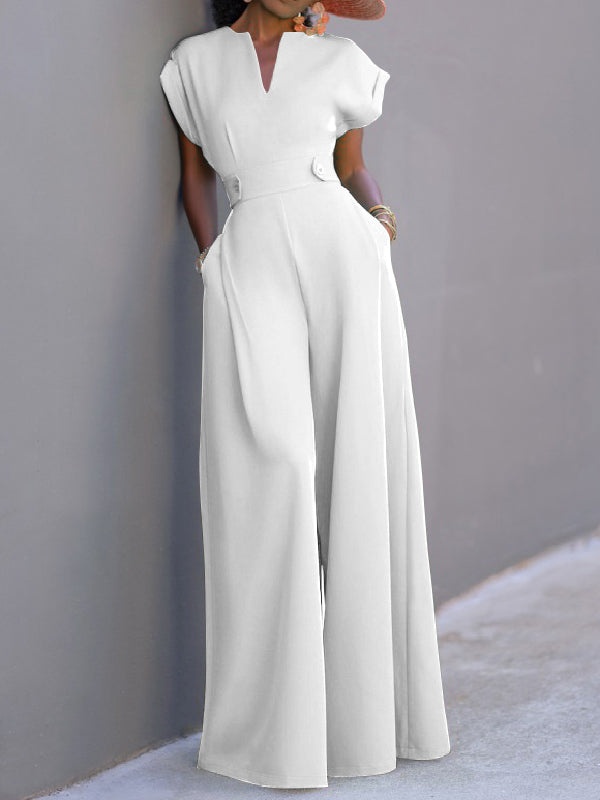 Effen jumpsuit met kapmouwen en wijde pijpen