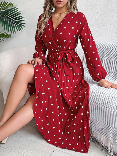 1756168 High Waisted Long Sleeves Pleated Polka Dot Tied Waist V-Neck Maxi Dresses Shirt Dress