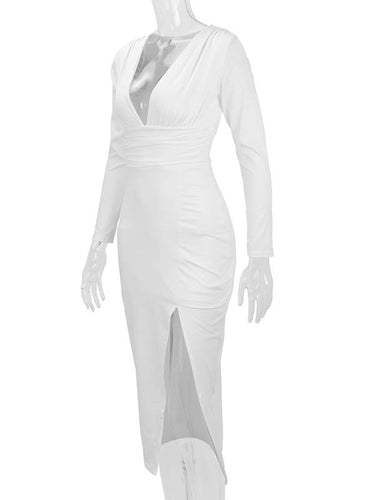 1726396 Bodycon Elasticated Waist Pleated Solid Color Split-Joint Split-Side Deep V-Neck Midi Dresses