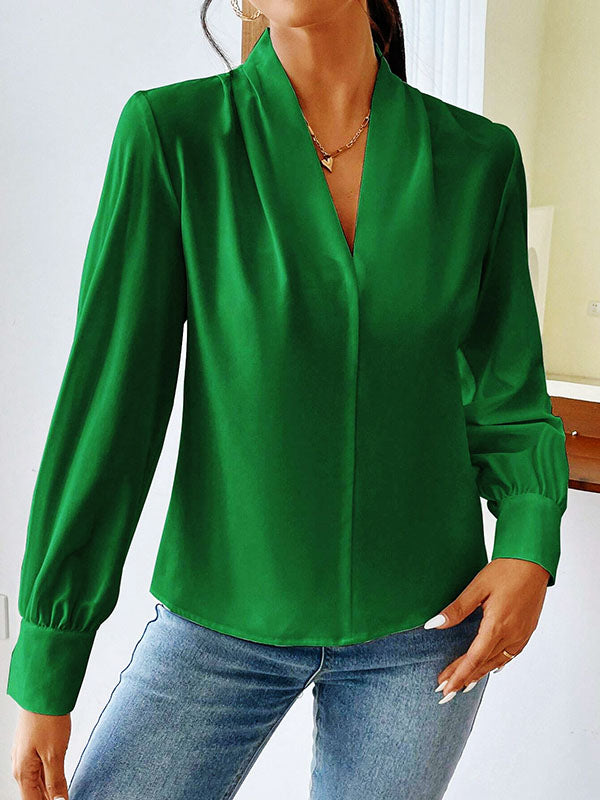 Casual Solid Split Joint V Neck Tops main image 1