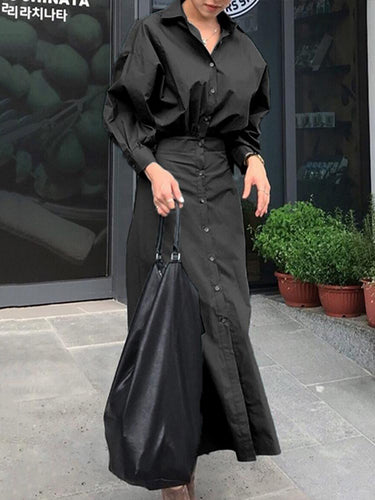 1639627 Loose Puff Sleeves Pleated Solid Color Split-Joint Lapel Maxi Dresses Shirt Dress