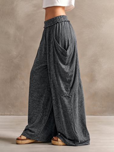 1778400 High Waisted Loose Elasticity Pockets Printed Split-Joint Pants Trousers