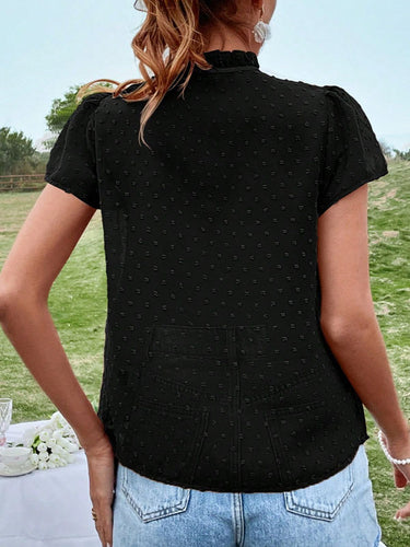 1497301 Puff Sleeves Short Sleeves Falbala Lace-Up Solid Color Blouses&Shirts Tops