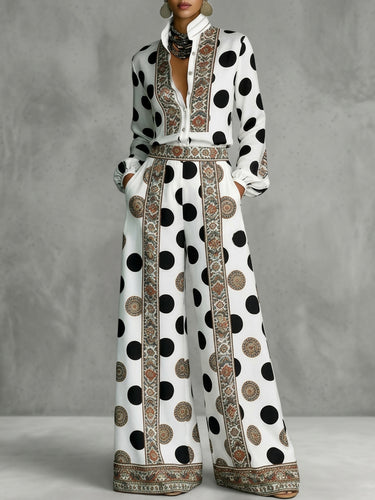 1780045 Long Sleeves Loose Buttoned Contrast Color Polka Dot Printed Stand Collar Blouses&Shirts Tops