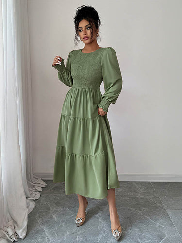 1731542 Elasticated Waist High Waisted Pleated Solid Color Split-Joint Round-Neck Midi Dresses