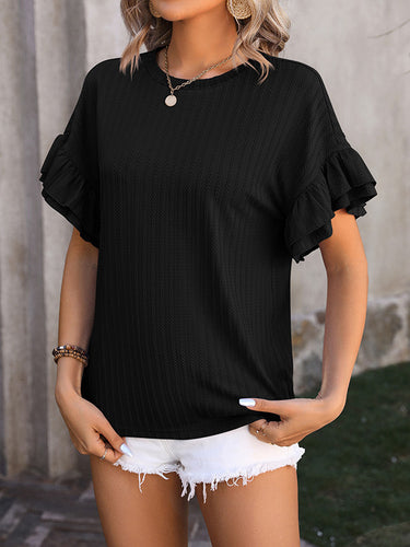 1442197 Wrap Falbala Solid Color Round-Neck T-Shirts Tops