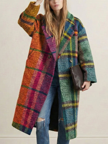 Loose Three-Quarter Sleeves Contrast Color Plaid Split-Joint Lapel Outerwear Windbreakers Woolen Coat