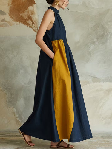 1786693 A-Line Loose Buttoned Contrast Color Pleated Pockets Split-Joint Halter-Neck Maxi Dresses