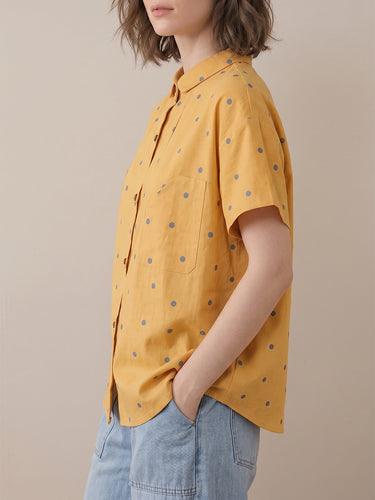 1783948 Loose Plus Size Buttoned Contrast Color Pockets Polka Dot Lapel Blouses&Shirts Tops