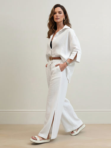 1735456 Elasticated Waist Long Sleeves Belted Buttoned Contrast Color Split-Joint Split-Side Lapel Jumpsuits