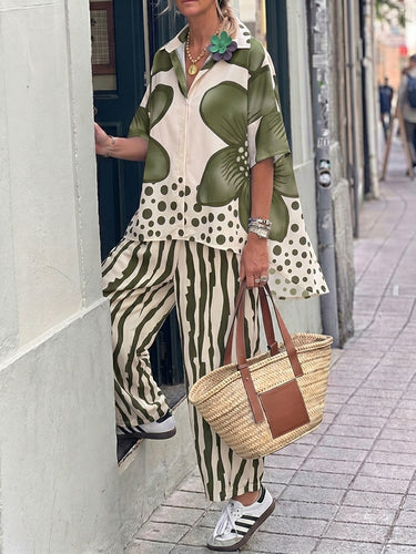1781341 Half Sleeves Buttoned Flower Print Polka-Dot Lapel Blouses&Shirts Tops + High Waisted Pants Trousers Two Pieces Set