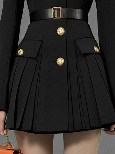 1716928 Elasticated Waist Long Sleeves Belted Buttoned Contrast Color Pleated Single-Breasted Lapel Mini Dresses Shirt Dress