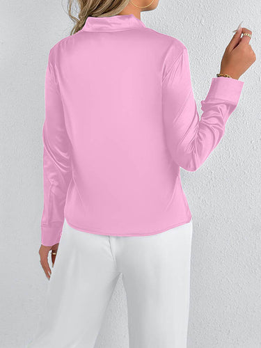 1728991 Long Sleeves Loose Solid Color Split-Joint Streamer Scarf Collar Blouses&Shirts Tops