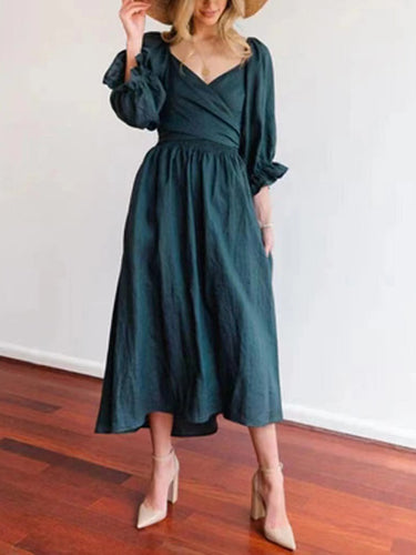 1784377 High Waisted Long Sleeves Elasticity Pleated Solid Color V-Neck Midi Dresses