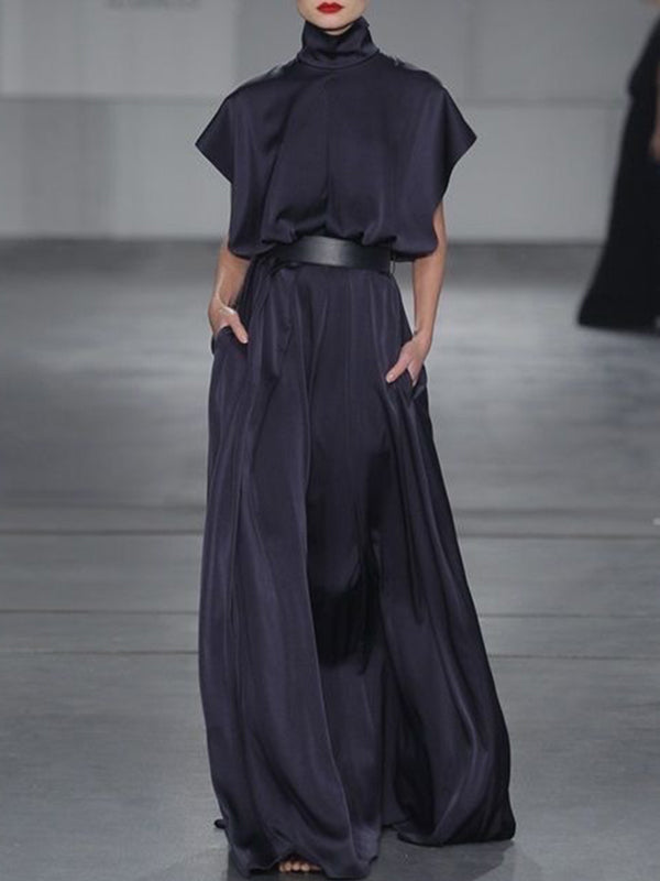 Loose Raglan Sleeve Pleated Split-Front Split-Joint Tied Waist Round-Neck Maxi Dresses