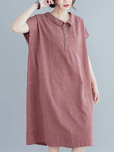 Vestido de collar de solapa abotonada a cuadros retro a cuadros
