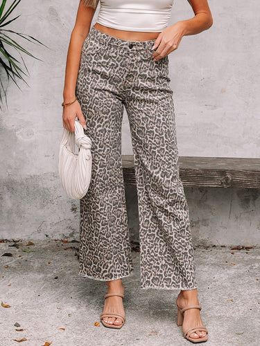 1776938 Bas de pantalon en jean taille haute avec poches léopard