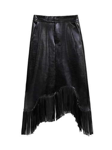 1719676 A-Line Irregularity Asymmetric Buttoned Crocodile Texture Solid Color Tasseled Skirts Bottoms