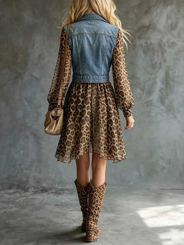 1783397 Long Sleeves Loose Buttoned Leopard Pockets Split-Joint Lapel Mini Dresses